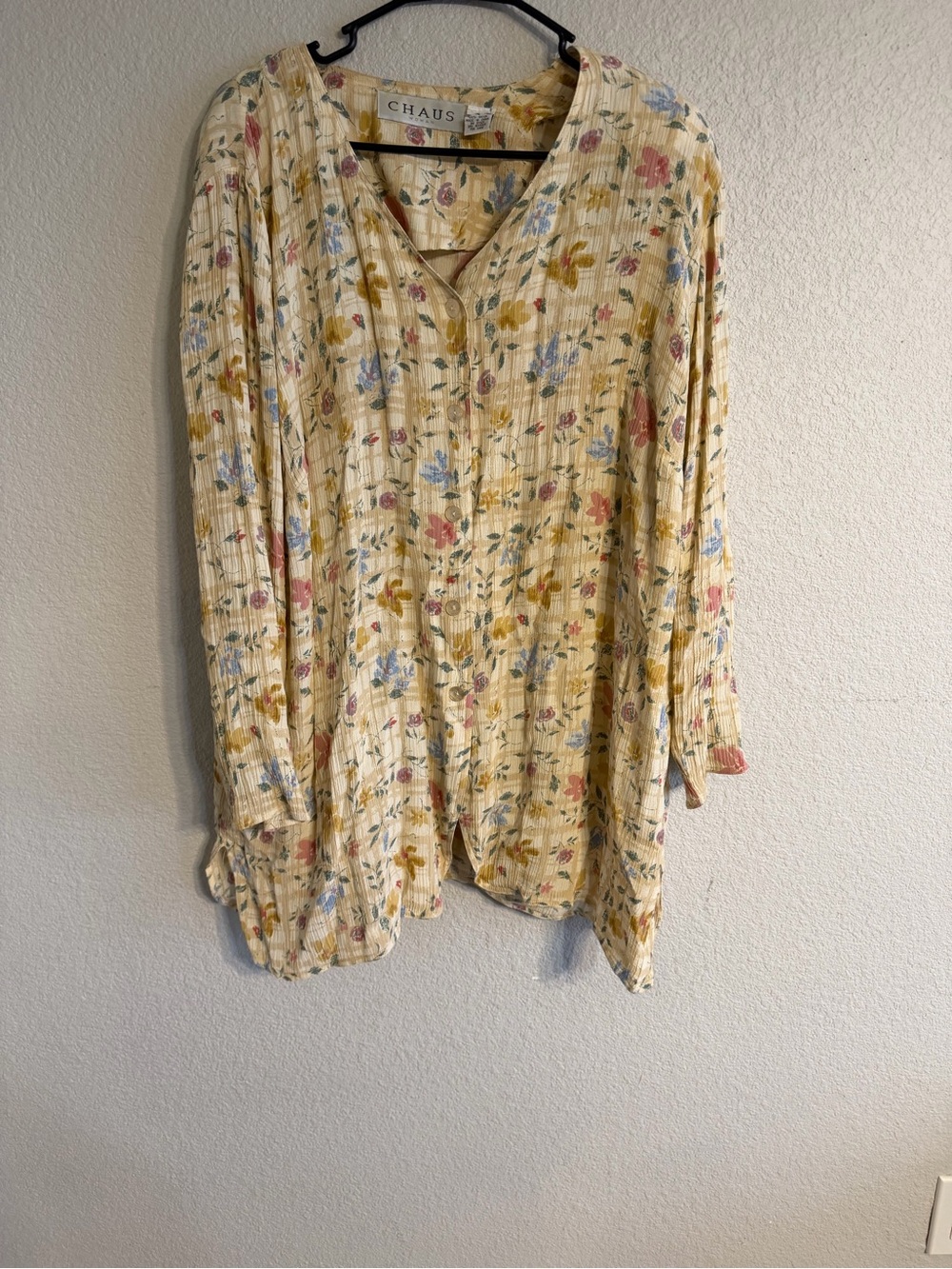 Chaus Pale Yellow Floral Pintuck Tunic Blouse
